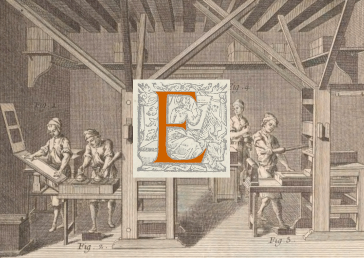 a picture of an early French pressroom with the website log superimposed